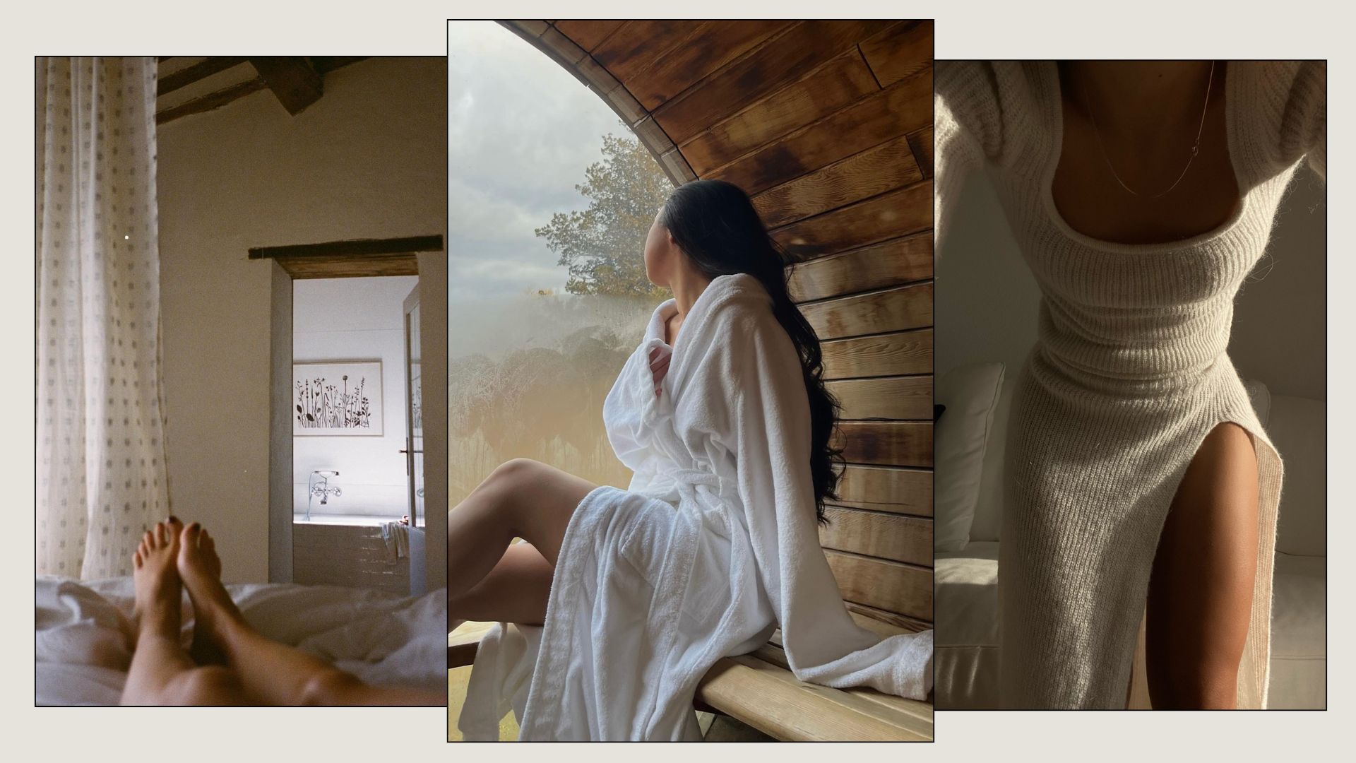 A woman's legs on a hotel bed, a woman in a robe in a sauna and a woman wearing a white knitted dress