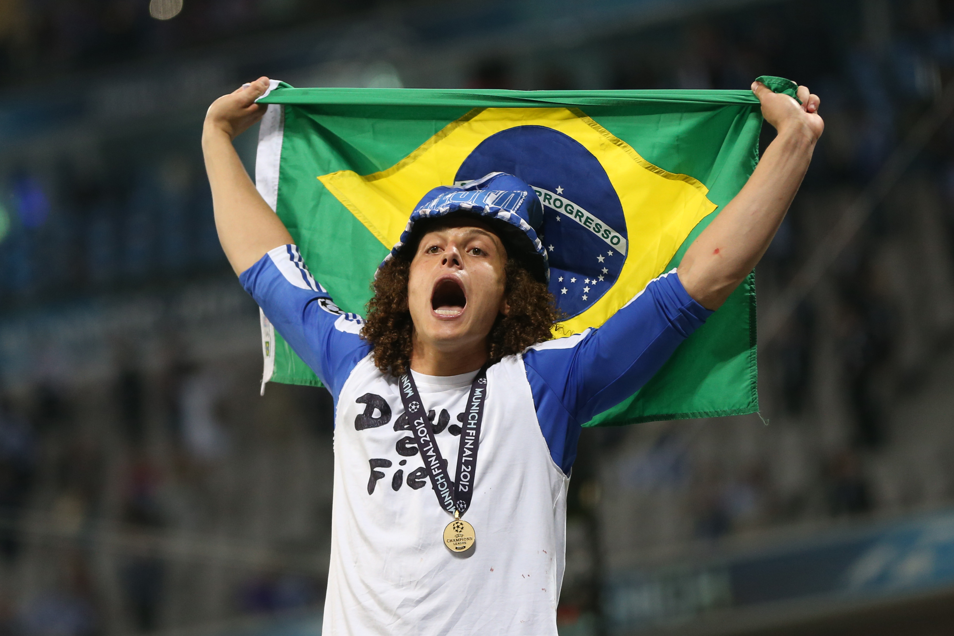 David Luiz celebrates Chelsea's UEFA Champions League win in 2012