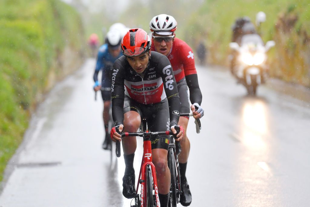 ESTAVAYER SWITZERLAND APRIL 30 Kobe Goossens of Belgium and Team Lotto Soudal on breakaway during the 74th Tour De Romandie 2021 Stage 3 a 1687km stage from Estavayer to Estavayer TDR2021 TDRnonstop UCIworldtour on April 30 2021 in Estavayer Switzerland Photo by Luc ClaessenGetty Images