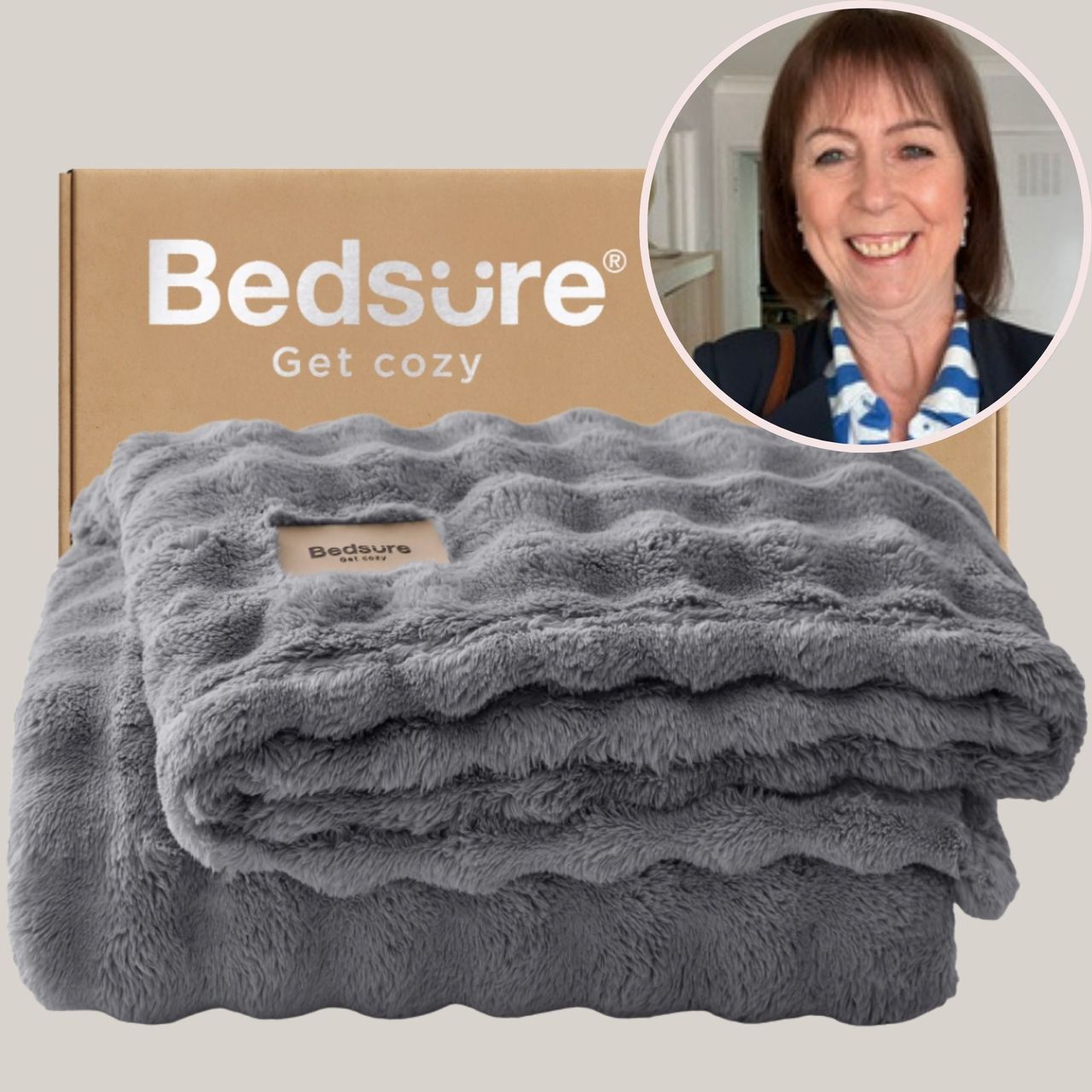 The Bedsure Cosy Bubble Fleece Blanket with a small portrait of tester Val Brownley