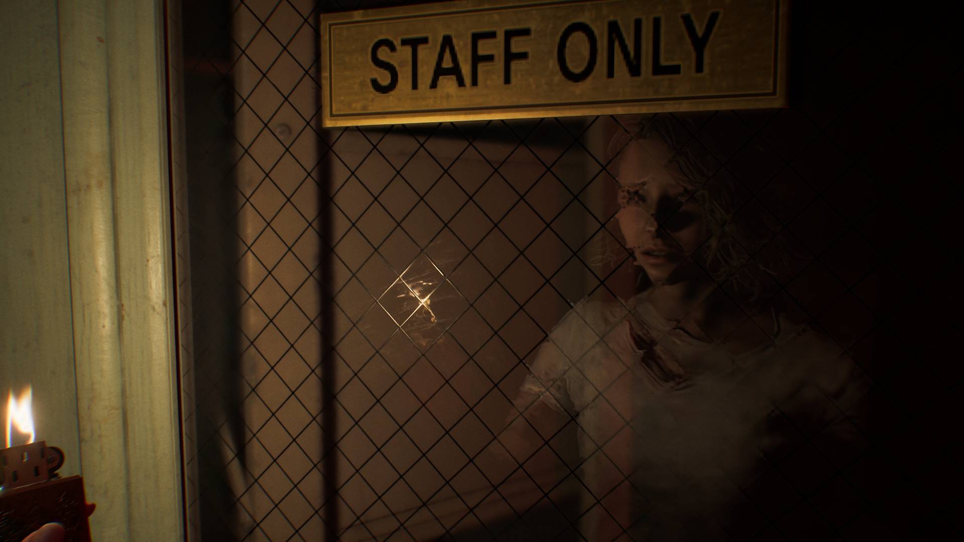Resident Evil Requiem screenshot of Grace's reflection in window with staff only sign above.