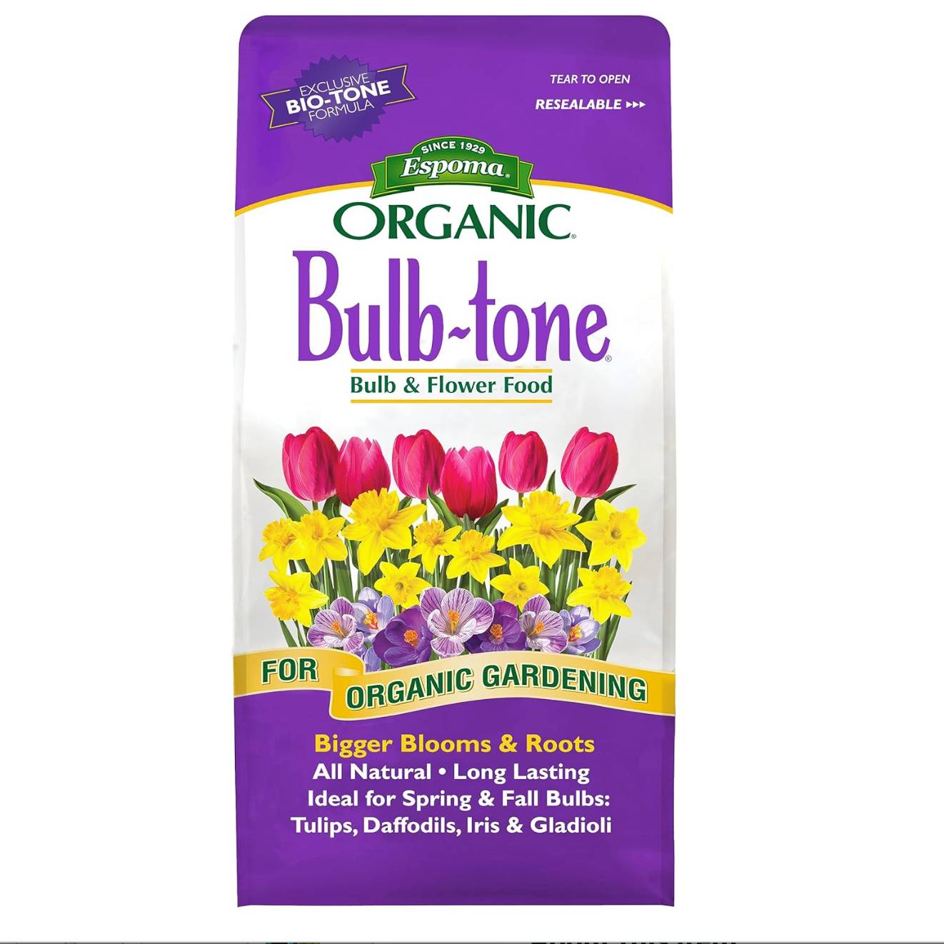 Bulb tone fertilizer in a white and purple bag