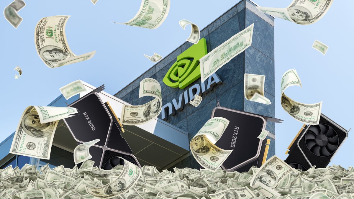 A very subtle image of money falling in front of Nvidia&#039;s HQ while GPUs pop out