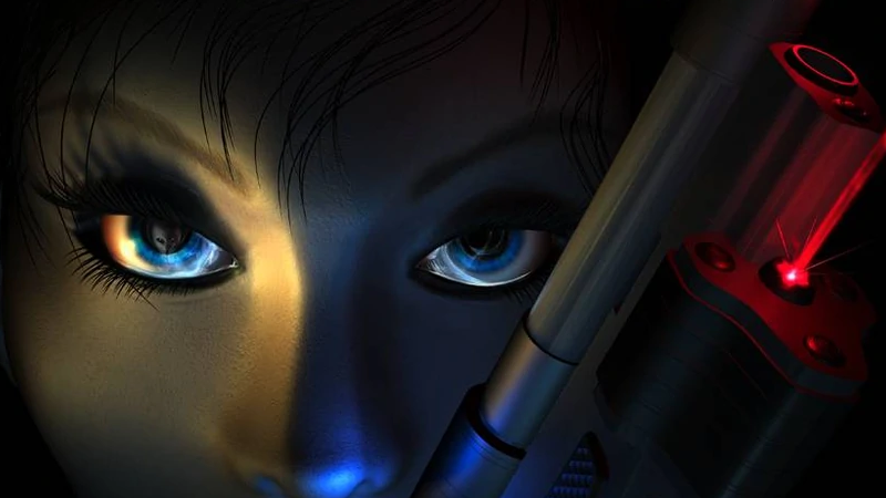 A shot of the cover art of Perfect Dark showing the protagonist&#039;s eyes and a pistol.