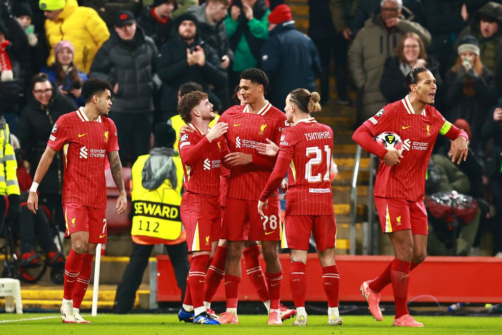 Liverpool, England - January 21: Harvey Elliott of FC Liverpool celebrates after scoring his team&#039;s second goal with teammates during the UEFA Champions League 2024/25 League Phase MD7 match between Liverpool FC and LOSC Lille at Anfield on January 21, 2025 in Liverpool, England. (Photo by Ryan Crockett/DeFodi Images via Getty Images)