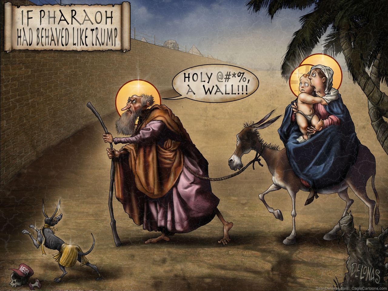 Political cartoon U.S. Pharaohs Trump border wall Christmas flight into Egypt