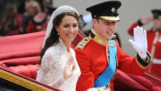 Prince William and Catherine, Princess of Wales depart Westminster Abbey after their wedding on April 29, 2011