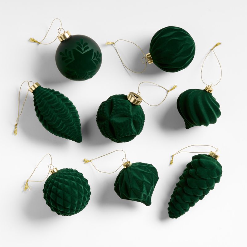 Green Velvet Christmas Ornaments, Boxed Set of 8