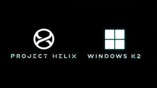 Project Helix and Windows K2 logos displayed side by side on a black background, both featuring glowing white symbols and futuristic cyan-accented text.