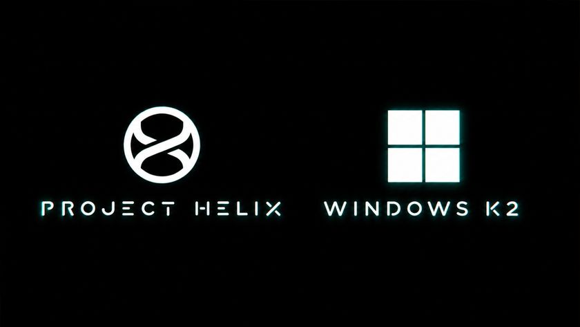Project Helix and Windows K2 logos displayed side by side on a black background, both featuring glowing white symbols and futuristic cyan-accented text.