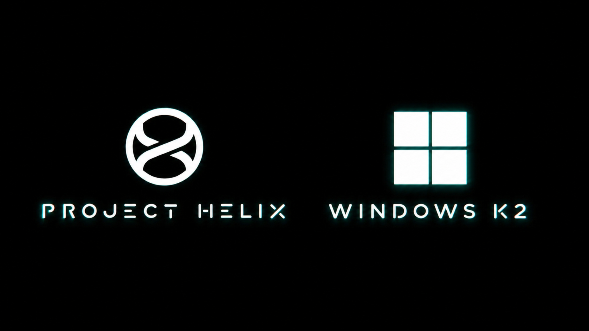 Project Helix and Windows K2 logos displayed side by side on a black background, both featuring glowing white symbols and futuristic cyan-accented text.