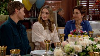 J. Eddie Peck, Hayley Erin and Amelia Heinle as Cole, Claire and Victoria at a family dinner in The Young and the Restless