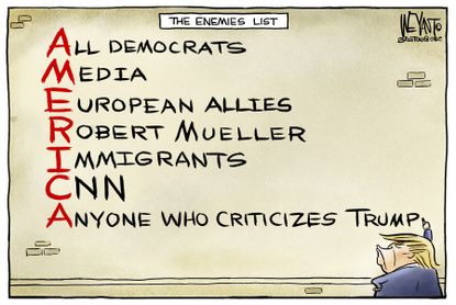 Political cartoon U.S. Trump enemies list Democrats media allies Mueller immigrants