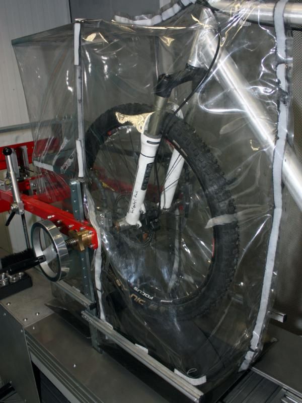 This setup is designed to test the power and control curves of disc brake systems in both wet and dry conditions.