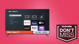 Image of large Onn TV on pink background