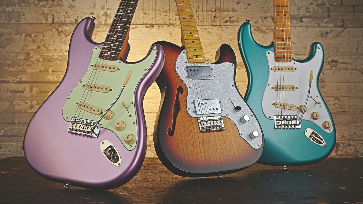 A selection of budget Squier guitars