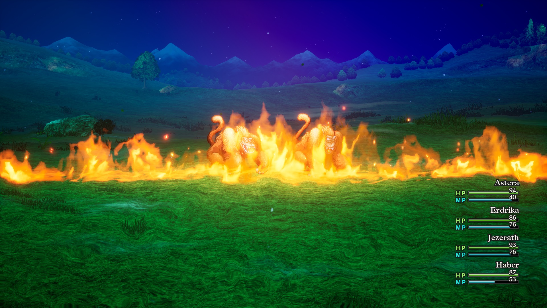 In-game screenshot of the player setting enemies on fire in Dragon Quest 3 HD-2D Remake