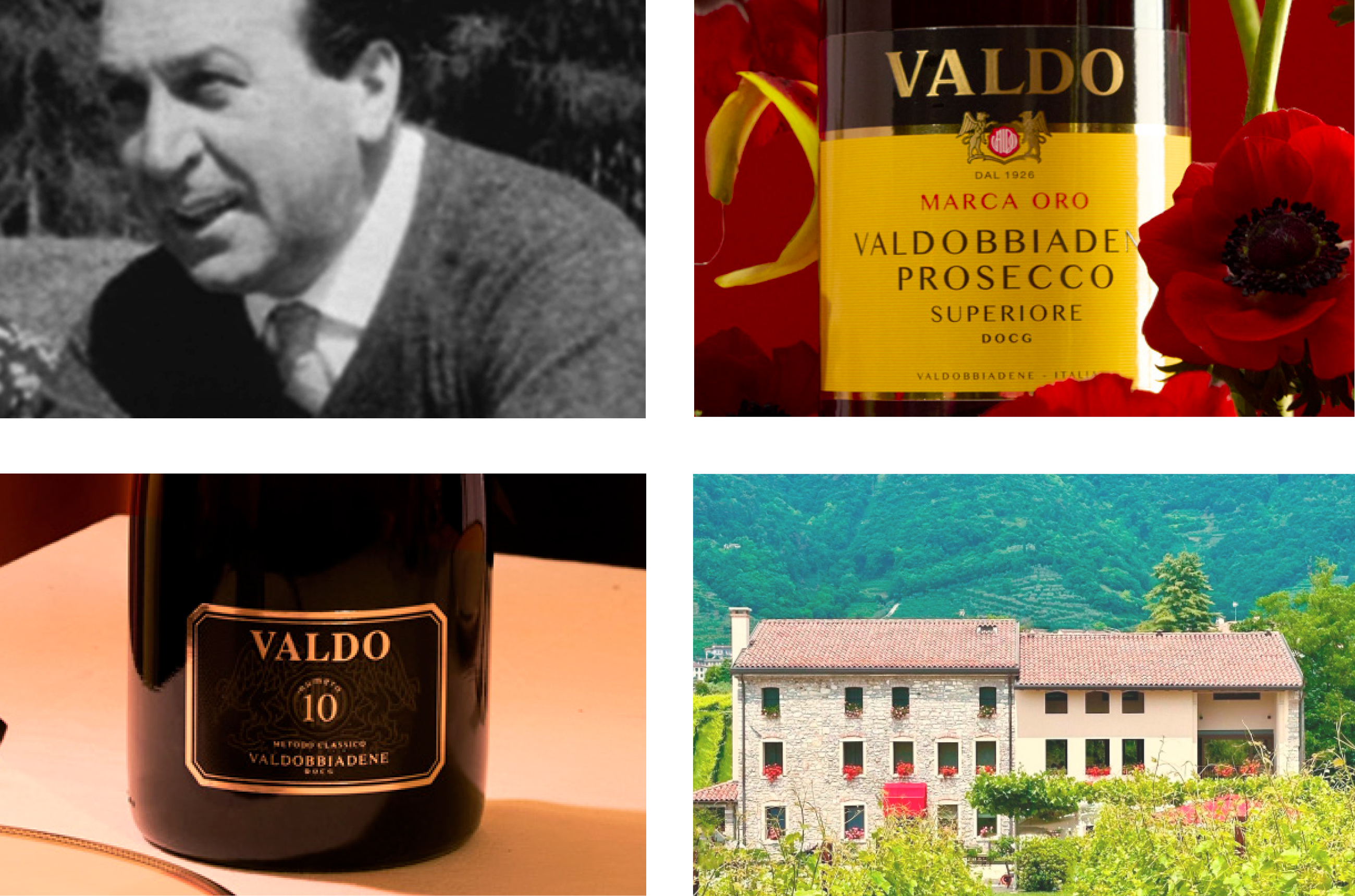 Clockwise from top left: Sergio Bolla, flagship wine Marca Oro Valdobbiadene DOCG, Casa Valdo, traditional-method sparkling wine Numero 10 Metodo Classico.