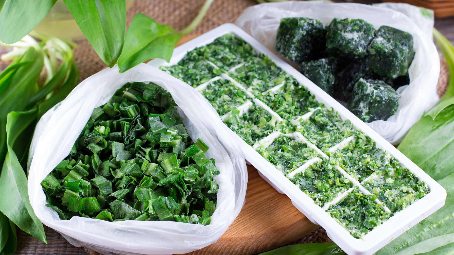 Ice cube holder filled with herbs