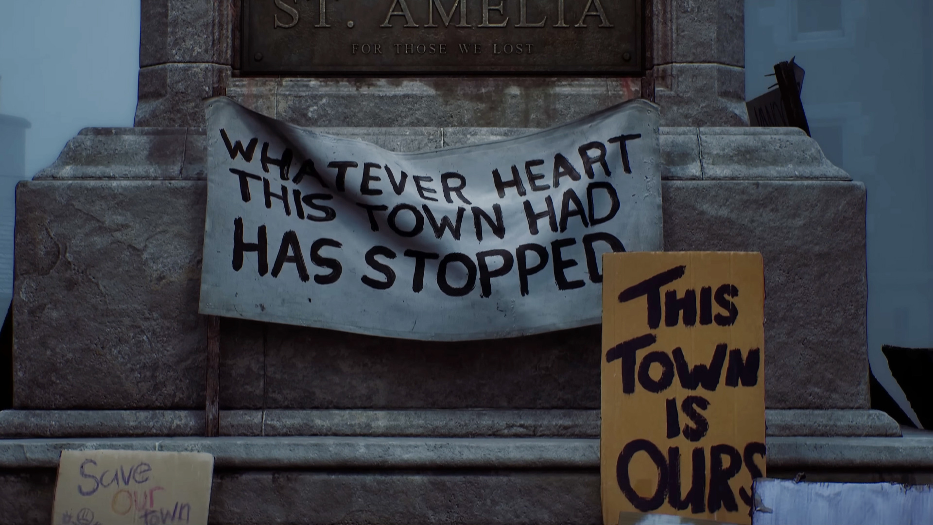 Silent Hill Townfall - Statue in St. Amelia's square with protest signs all around