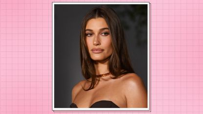 Hailey Bieber pictured with soft, nude makeup and wearing a brown dress at the 2nd Annual Academy Museum Gala at Academy Museum of Motion Pictures on October 15, 2022 in Los Angeles, California. / in a pink template