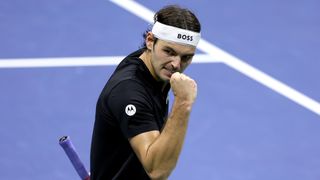 Taylor Fritz celebrates a point with a fist pump at 2024 US Open tennis.