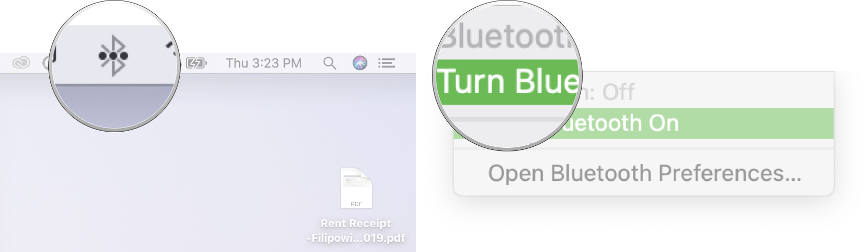 Menyalakan Bluetooth di Mac: Klik simbol Bluetooth di Menubar, lalu klik nyalakan Bluetooth