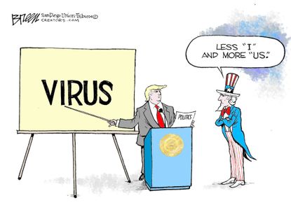 Political Cartoon U.S. Trump Uncle Sam Coronavirus briefing health crisis response