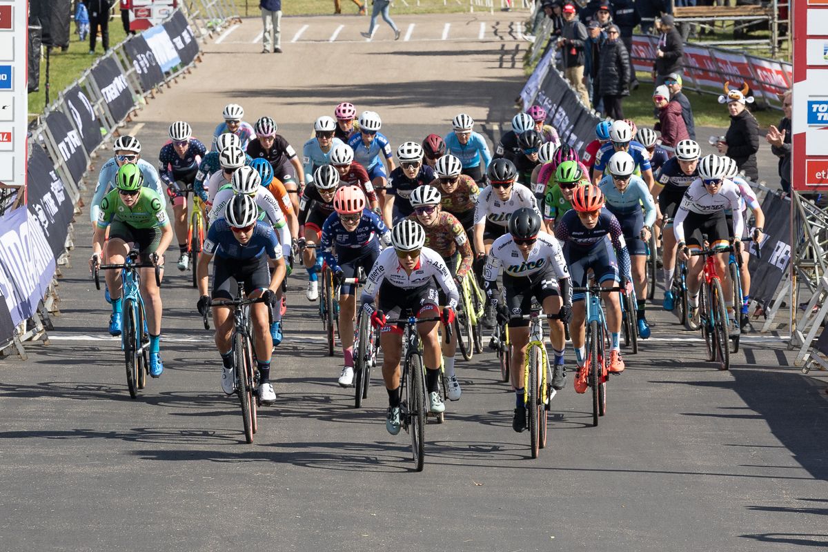 Helene Clauzel (AS Bike Racing) lead the women's field across the startline as the women's UCI C1 race got underway at Trek HQ in Waterloo, WI.