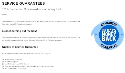 GreenGeeks' webpage discussing its guarantees