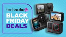 DJI / GoPro / Insta360 action cameras on a blue background with black friday deals text overlay