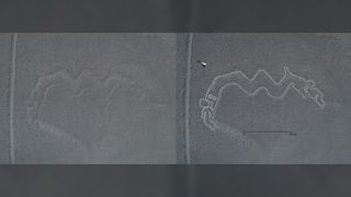 Aerial photo of Nazca lines in Peru. This geoglyph looks like a line drawing of a two-headed snake eating a humanoid.