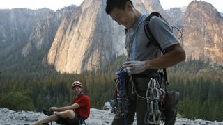 Speedclimbers Hans Florine, left, of Lafayette, Calif., and Yugi Hirayama, of Japan prepare their climbing gear at the base of Yosemite's El Capitan