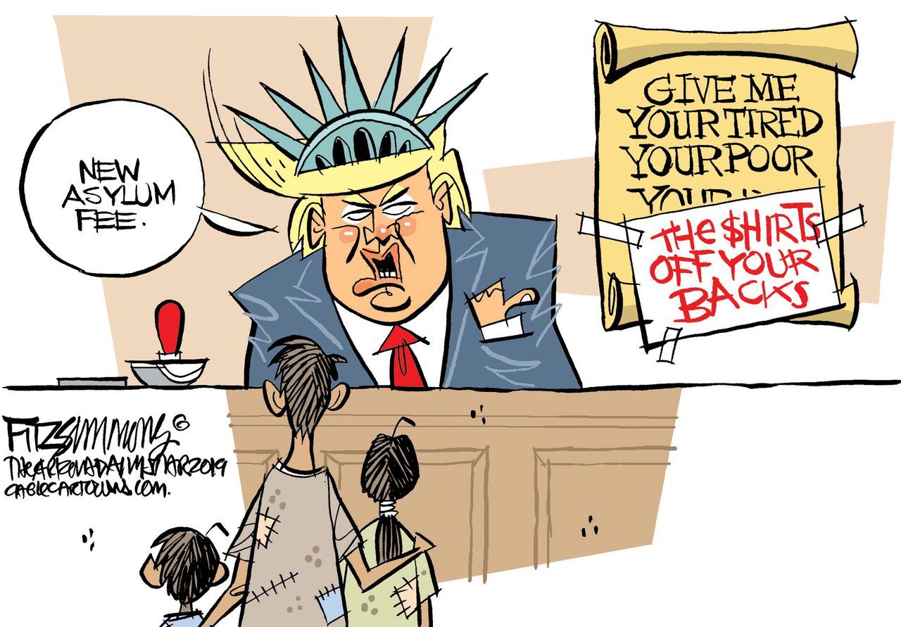 Political Cartoon U.S. Trump immigration asylum fees Mexico border control