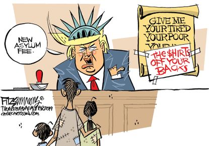 Political Cartoon U.S. Trump immigration asylum fees Mexico border control
