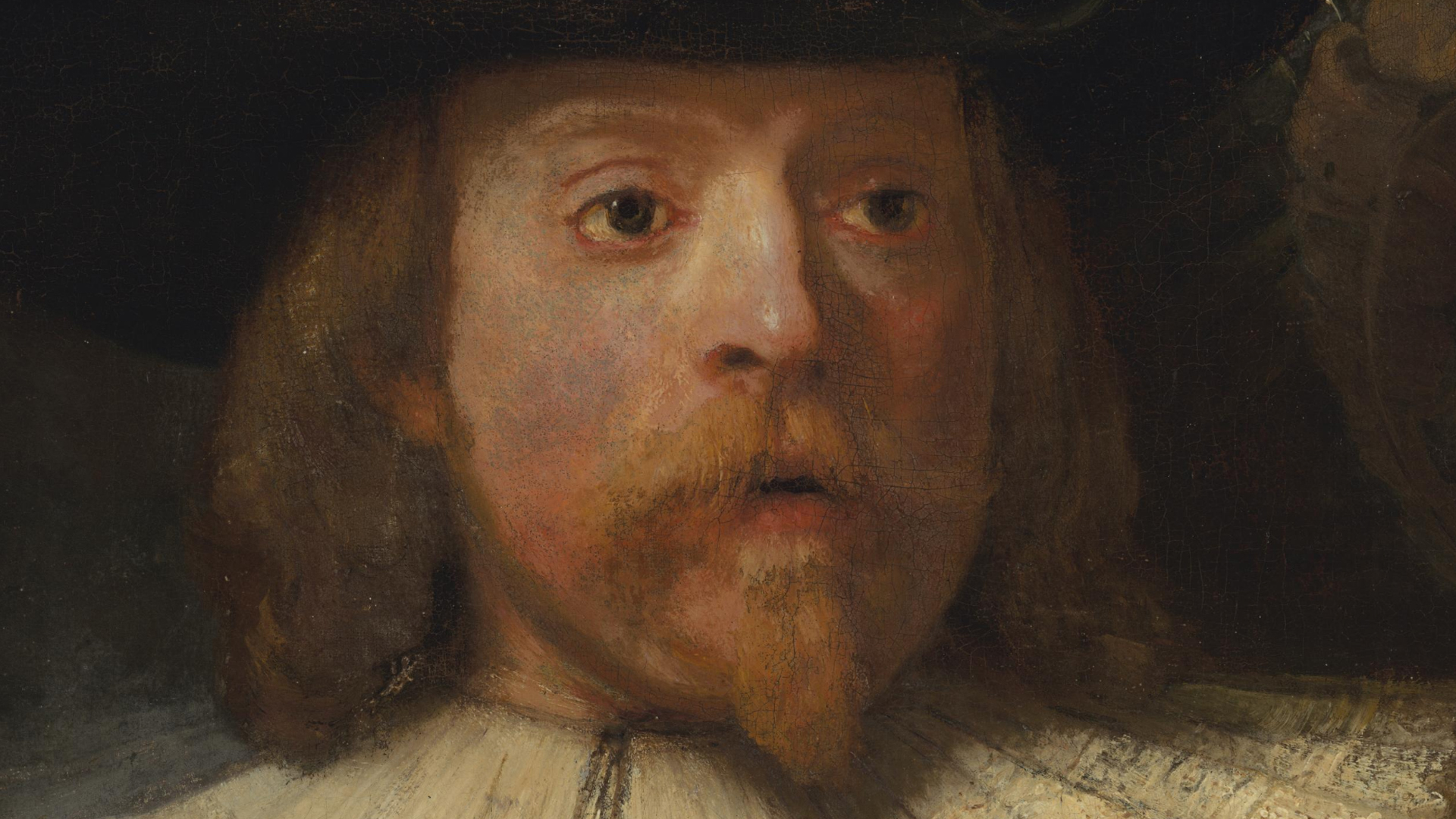A close up of the painting Night Watch, Militia Company of District II under the Command of Captain Frans Banninck Cocq by Rembrandt