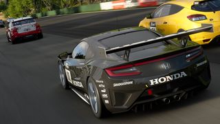 A black Honda racing car racing a yellow Peugeot hatchback in Gran Turismo Sport.