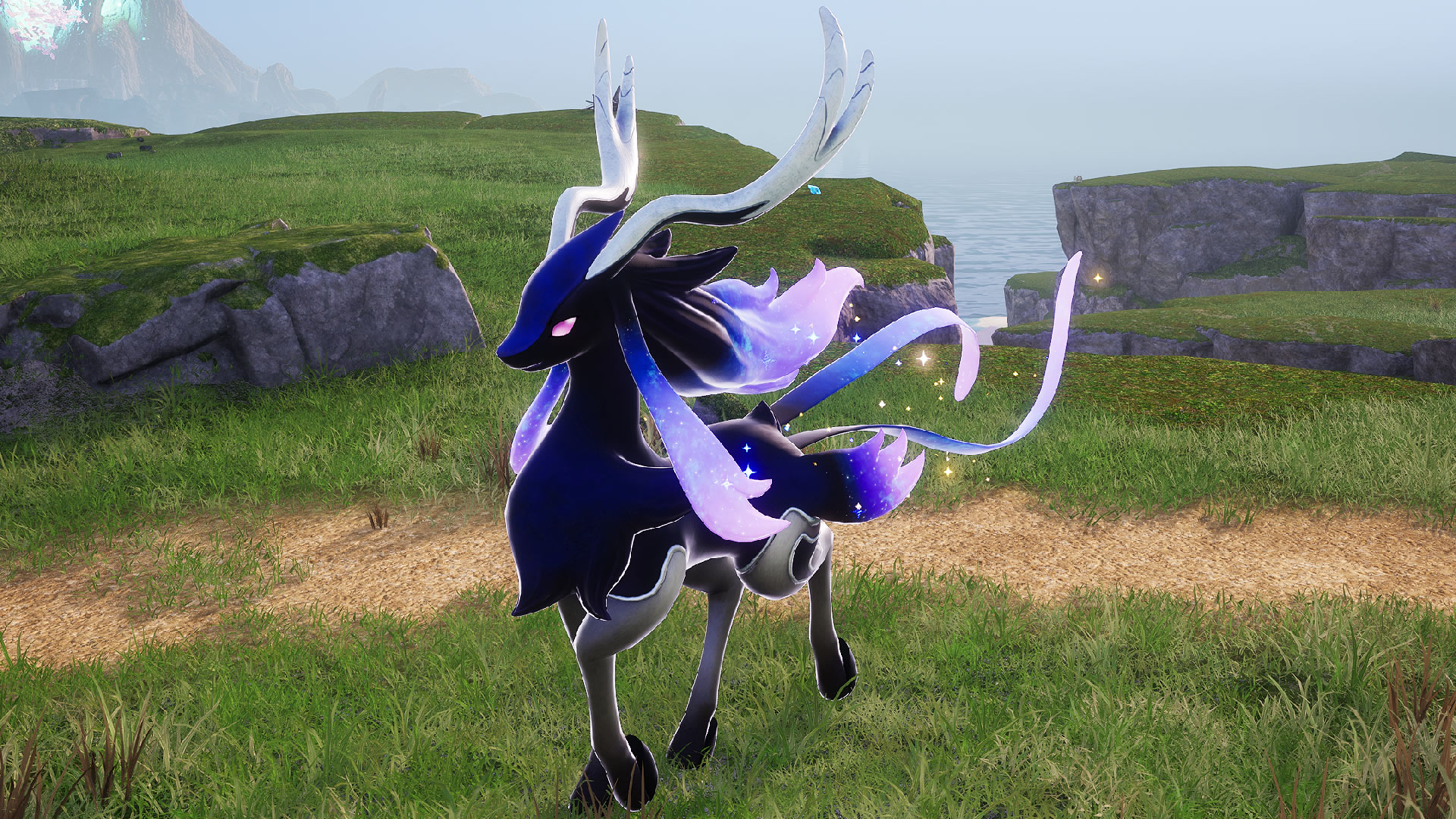 Celesdir Noct - Celesdir Noct, a dark, elk-like pal with flow ribbons and sparkles surrounding it.