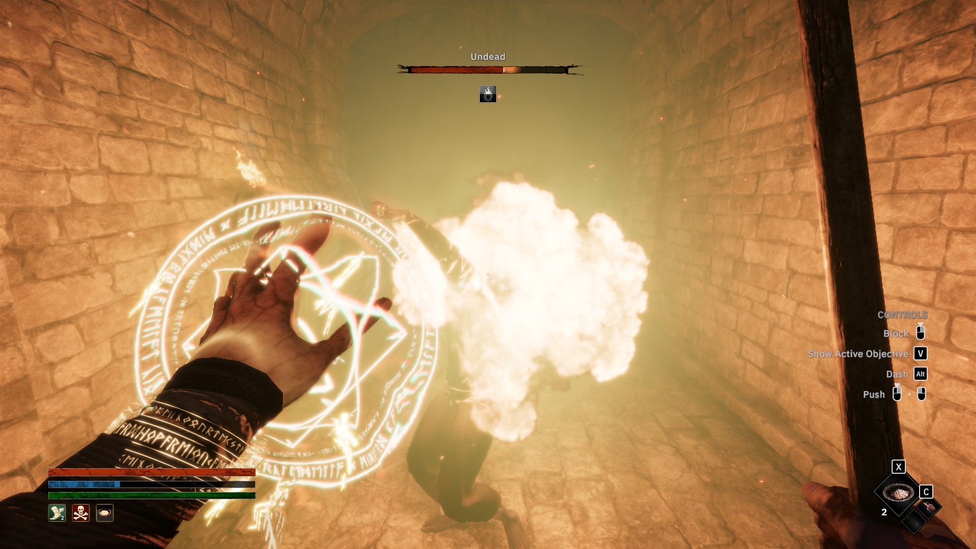 Tainted Grail: The Fall of Avalon screenshot showing the player tossing a fireball at an enemy in a hallway.