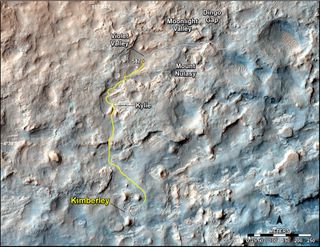 This map shows the route driven and route planned for NASA's Curiosity Mars rover from before reaching "Dingo Gap" -- in upper right -- to the mission's next science waypoint, "Kimberley" (formerly referred to as "KMS-9") -- in lower left.