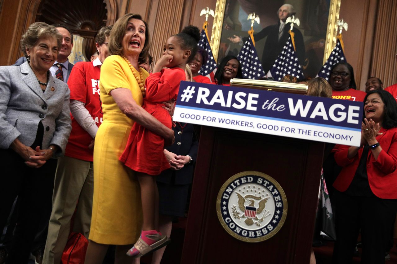 Nancy Pelosi at a news conference prior to a vote on the Raise the Wage Act.