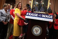 Nancy Pelosi at a news conference prior to a vote on the Raise the Wage Act.