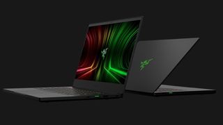 Image shows the Razer 14 gaming laptop open against a black background.