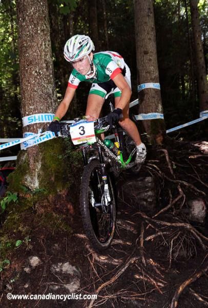 Eva Lechner and her teammate Nathalie Schneitter were the only women to ride this rooty drop.