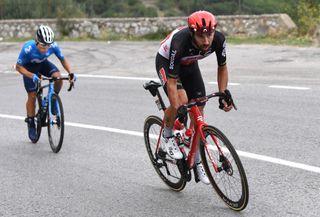 CAMIGLIATELLO SILANO ITALY OCTOBER 07 Thomas De Gendt of Belgium and Team Lotto Soudal Einer Augusto Rubio Reyes of Colombia and Movistar Team Breakaway during the 103rd Giro dItalia 2020 Stage 5 a 225km stage from Mileto to Camigliatello Silano 1275m girodiitalia Giro on October 07 2020 in Camigliatello Silano Italy Photo by Tim de WaeleGetty Images