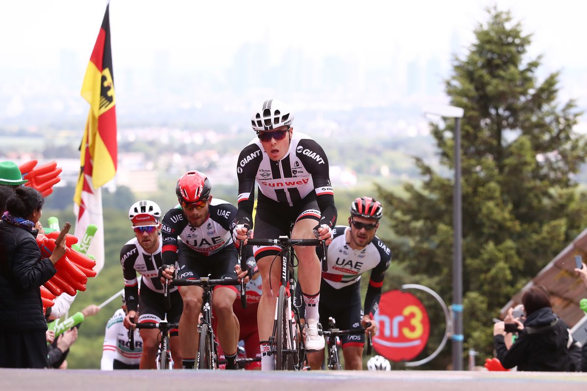 Max Walscheid leads the group up the climb