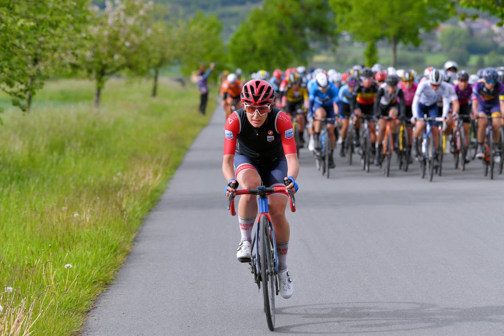 GERA GERMANY MAY 26 Kathrin Hammes of Germany and Ceratizit WNT Pro Cycling Team attack in breakaway during the 34th Internationale LOTTO Thringen Ladies Tour 2021 Stage 2 a 1251km stage from Gera to Gera ltlt2021 lottothueringenladiestour womencycling on May 26 2021 in Gera Germany Photo by Luc ClaessenGetty Images