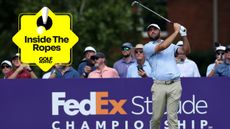 Scottie Scheffler holds his finish on a tee shot and a yellow Inside The Ropes logo in the top-left