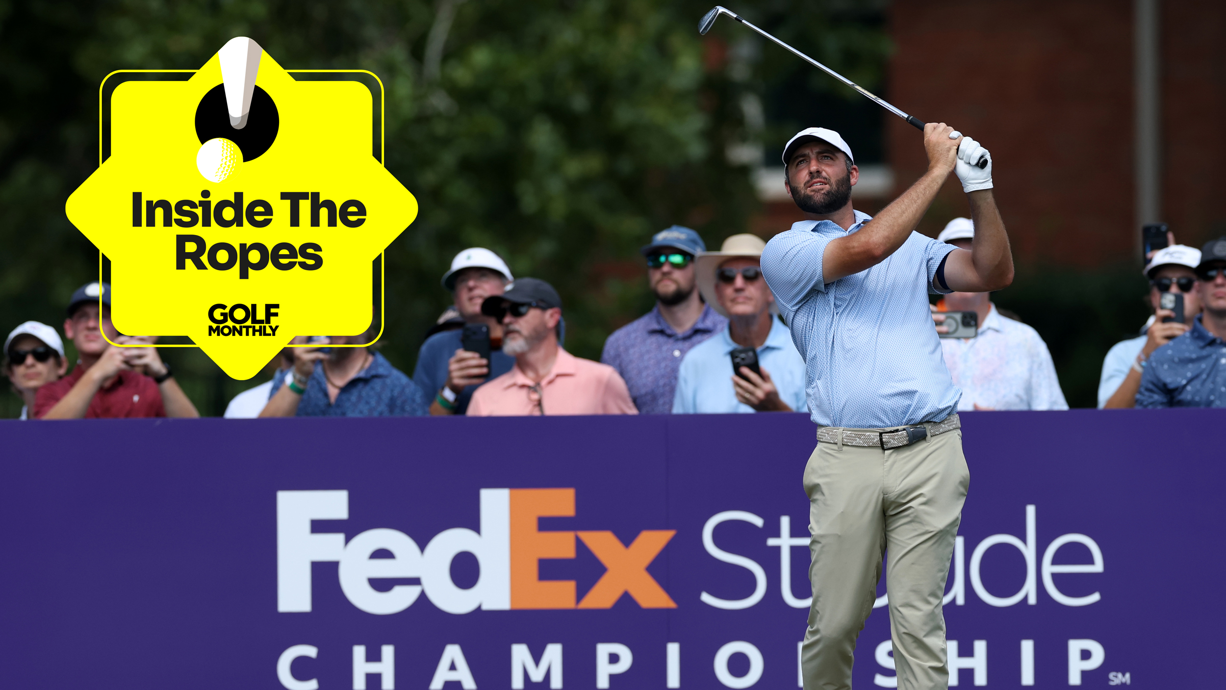 Scottie Scheffler holds his finish on a tee shot and a yellow Inside The Ropes logo in the top-left