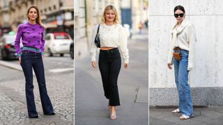 Image of three women wearing sweaters and bootcut jeans to illustrate how to style bootcut jeans